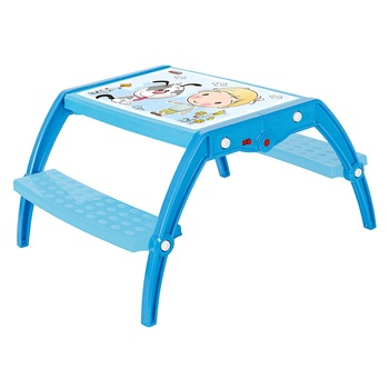 Masuta copii din plastic aditivat cu doua bancute Novokids™ Study Table, dimensiuni 95X78X49 cm, Suprafata lucioasa, Model Baietel cu Catelus, Albastru Masuta copii din plastic aditivat cu doua bancute Novokids™ Study Table, dimensiuni 95X78X49 cm, Suprafata lucioasa, Model Baietel cu Catelus, Albastru