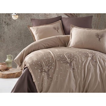 Lenjerie de pat dublu, 6 Piese, Clasy, model Brodata Zeplin Bej , Bumbac 100% Lenjerie de pat dublu, 6 Piese, Clasy, model Brodata Zeplin Bej , Bumbac 100%