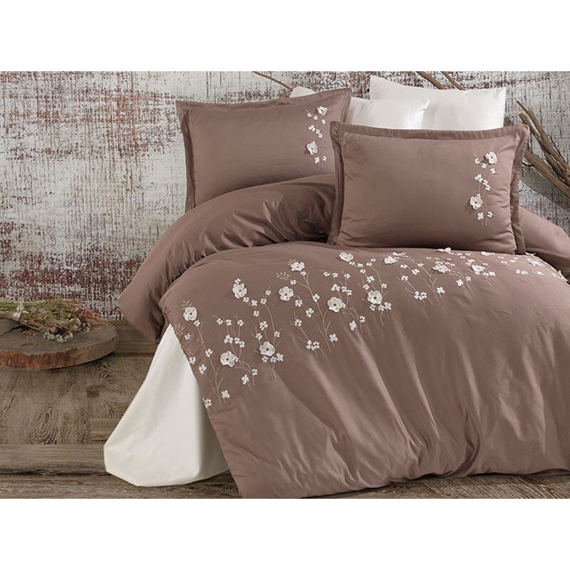 Lenjerie de pat dublu, 6 Piese, Clasy, model Brodata Fiore Maro , Bumbac 100%