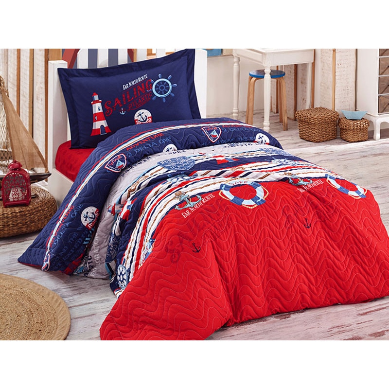 Set lenjerie si Cuvertura Clasy, 3 Piese, pentru pat de o persoana, model Rota Albastru , Bumbac 100%