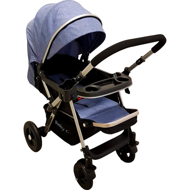 BABY CARE ™ PRO 511 Újszülött babakocsi, 2 az 1-ben, Alumínium váz, Megfordítható fogantyú, 5 Fokozatban állítható háttámla, Lengéscsillapítók, Lábfék, Összecsukható, Farmerkék