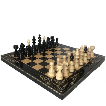Joc sah si table, lucrat manual din lemn, crem/negru, 50x50 cm Joc sah si table, lucrat manual din lemn, crem/negru, 50x50 cm
