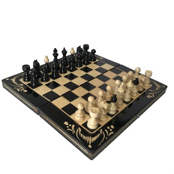 Joc sah si table, lucrat manual din lemn, crem/negru, 26x26 cm Joc sah si table, lucrat manual din lemn, crem/negru, 26x26 cm