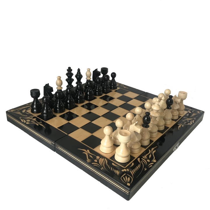 Joc sah si table, lucrat manual din lemn, crem/negru, 38x38 cm