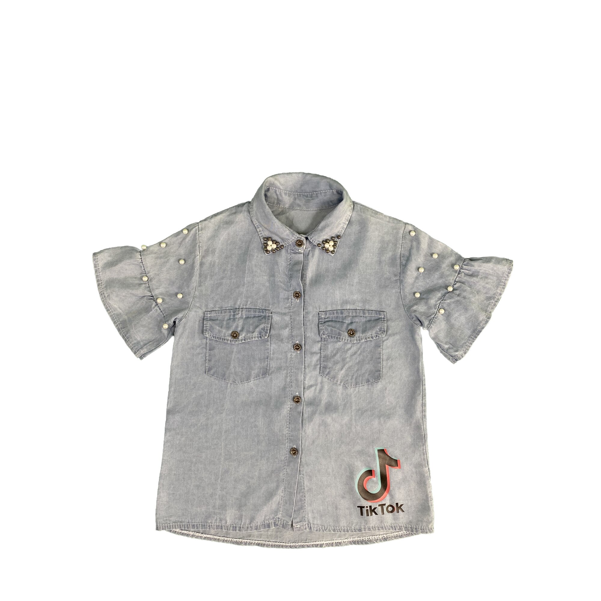 Camasa denim fete, detaliu perlute, model Tik Tok fashion