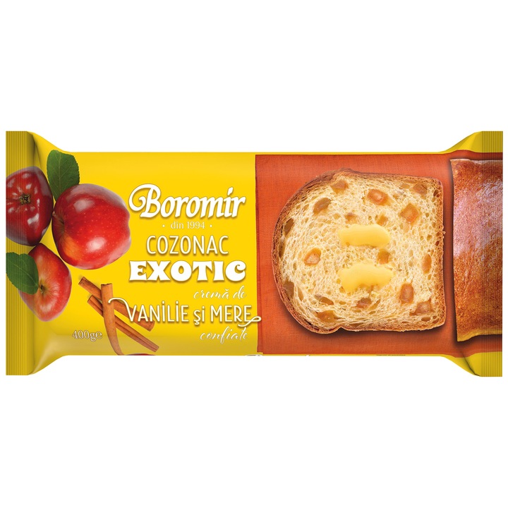 Cozonac exotic cu crema de vanilie si mere confiate Boromir, 400g