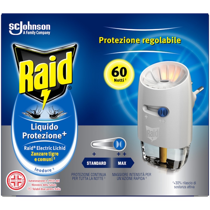 Електрическо устройство против комари Raid, С регулируема интензивност, 60 нощи