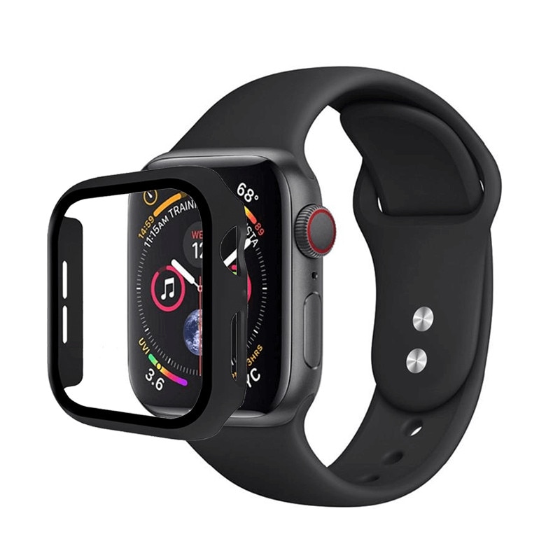 Set 2 in 1 curea de silicon si husa protectie ecran pentru Apple Watch 4 / 5 44 mm , negru
