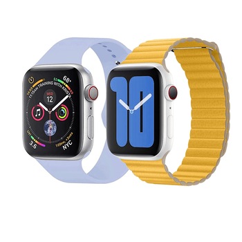 Set 2 curele, din piele si silicon pentru Apple Watch 1 / 2 / 3 / 4 / 5 series 42 / 44 mm, galben, lila Set 2 curele, din piele si silicon pentru Apple Watch 1 / 2 / 3 / 4 / 5 series 42 / 44 mm, galben, lila