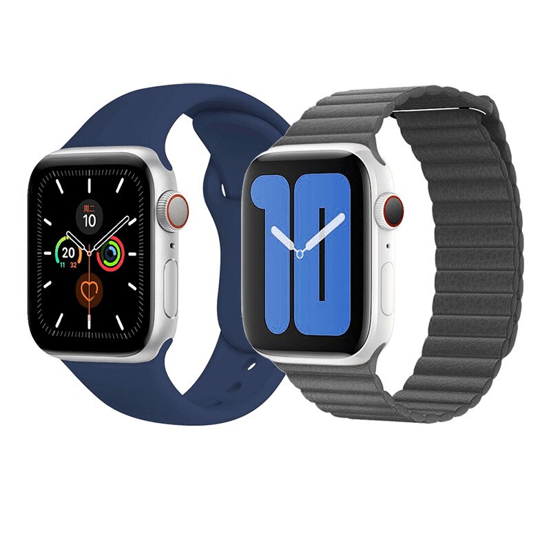 Set 2 curele, din piele si silicon pentru Apple Watch 1 / 2 / 3 / 4 / 5 series 42 / 44 mm, gri, bleumarin
