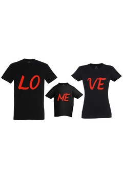 Set tricouri familie, din bumbac 100%, MAYKA, model Love Me, Negru, One Size