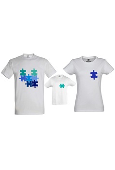 Set tricouri familie, din bumbac 100%, MAYKA, model Puzzle, Alb, One Size