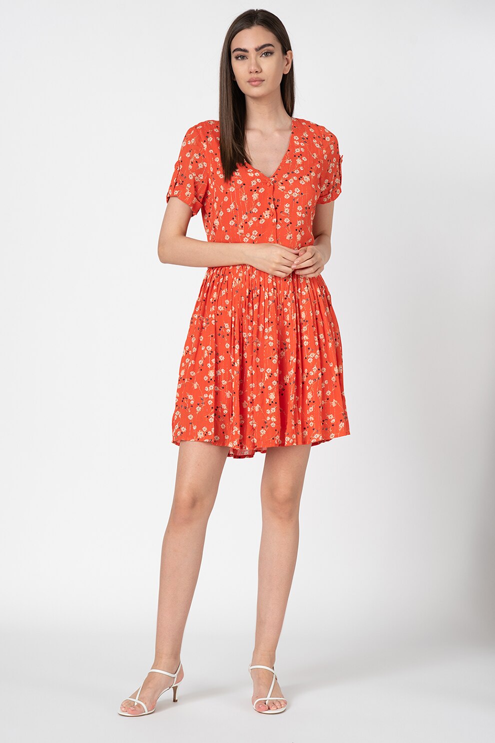 Vero Moda, Rochie mini evazata cu model floral Sofie, Rosu vermillion/Argintiu/Bleumarin