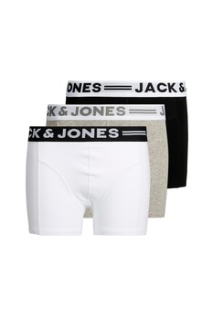 Jack&Jones, Set 3 perechi de boxeri, baieti, cu banda logo elastica Sense, Negru/Gri melange/Alb