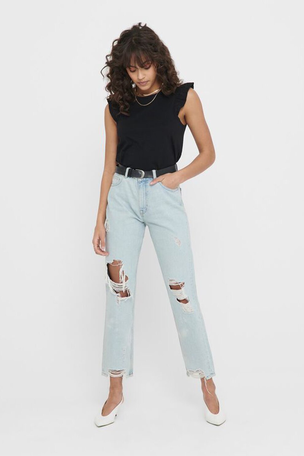 Only, Blugi crop cu croiala dreapta si aspect deteriorat, Albastru deschis, W30-L32