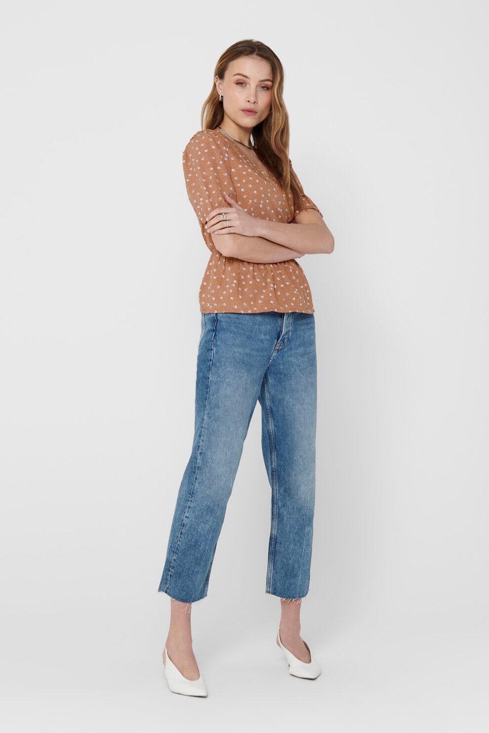 JdY, Bluza cu decolteu cache-coeur si imprimeu, Oranj persan/Alb