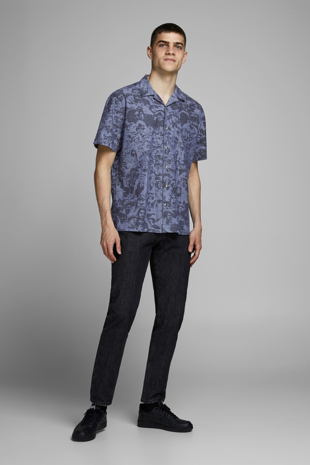 Jack&Jones, Camasa cu imprimeu si maneci scurte, Albastru prafuit/Bleumarin inchis