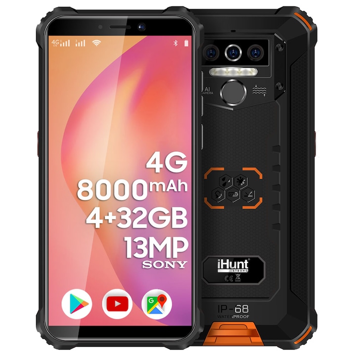iHunt TITAN P8000 PRO 2021 Mobiltelefon, Kártyafüggetlen, 4G+, 8000mAh, Triple Camera 13MP, 5.5-inch HD+ Gorilla Glass, IP68, 4GB + 32GB, Android 10, Narancssárga