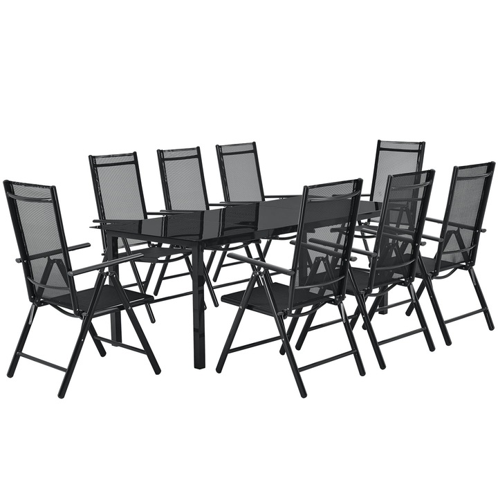 Set mobilier pentru gradina cu 8 scaune, MBR, metal + Textillene, Negru/Gri