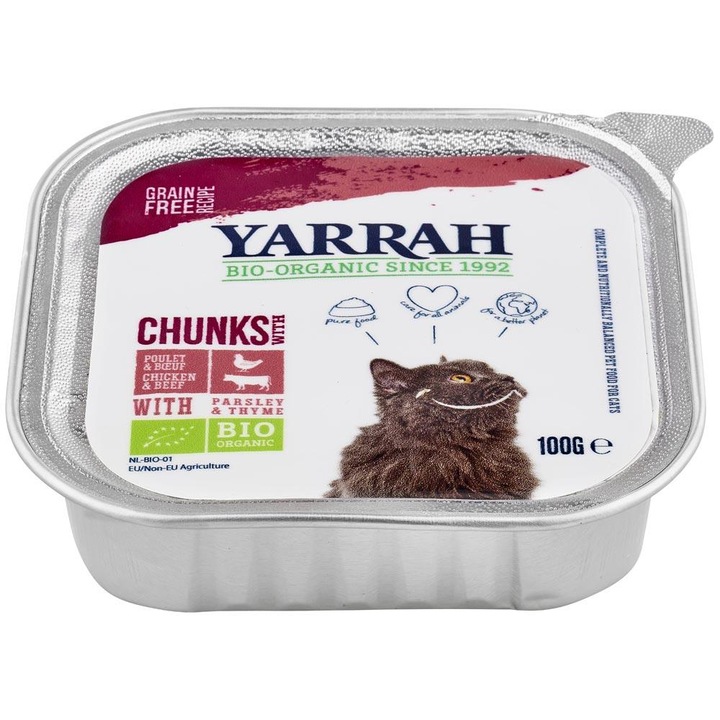 Мокра храна на парчета ЕКО пилешко и говеждо, за котки 100 гр. - Yarrah