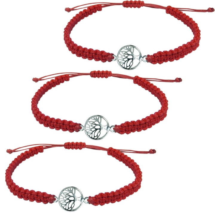 Dras Best friends karkötő készlet, 3 db, állítható, kézzel szőtt zsinór, ezüst életfa medállal, piros