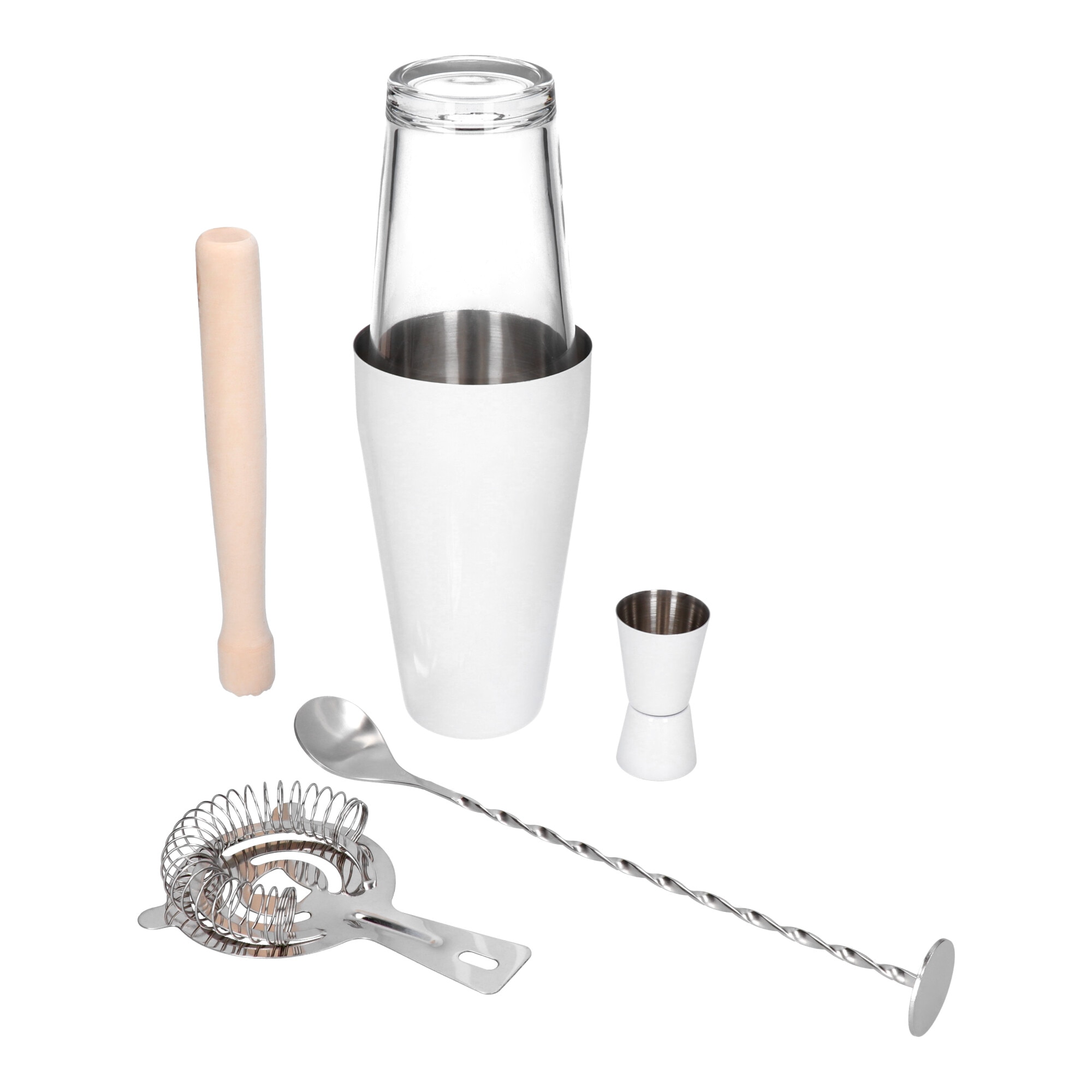 Kit pentru barmani 6 piese, otel inoxidabil alb, Boston agitator de 800/450 ml