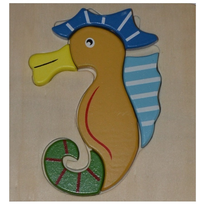 Puzzle incastru lemn 3D, FamousKids®, Cal de mare, 5 piese