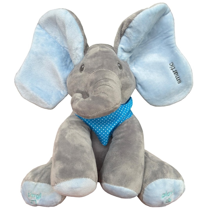 Elefant Cucu Bau in Limba Romana, Jucarie interactiva Peek a Boo, vorbeste si canta "Daca vesel se traieste", Smartic®, Albastru/Gri