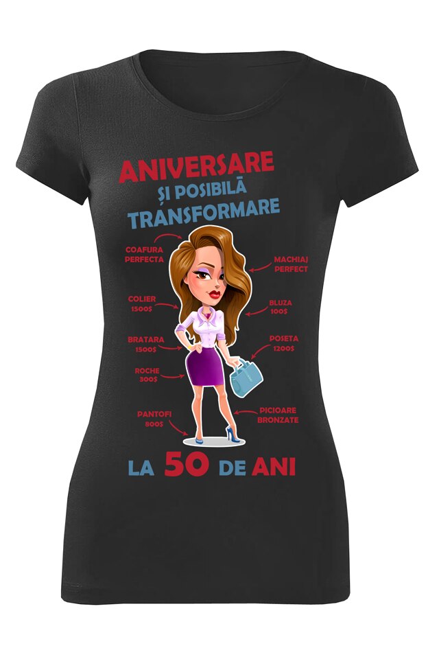 Tricou personalizat aniversare 50 ani, dama, negru, Negru