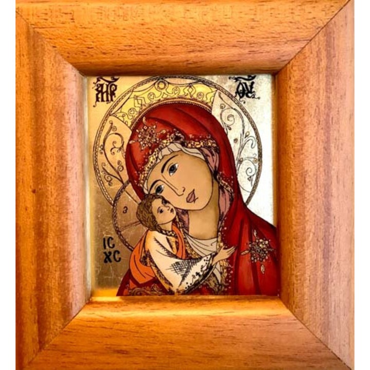 Icoana pictata manual pe sticla, Maica Domnului Eleousa cu pruncul Iisus , Fecioara Maria, 12x11 cm