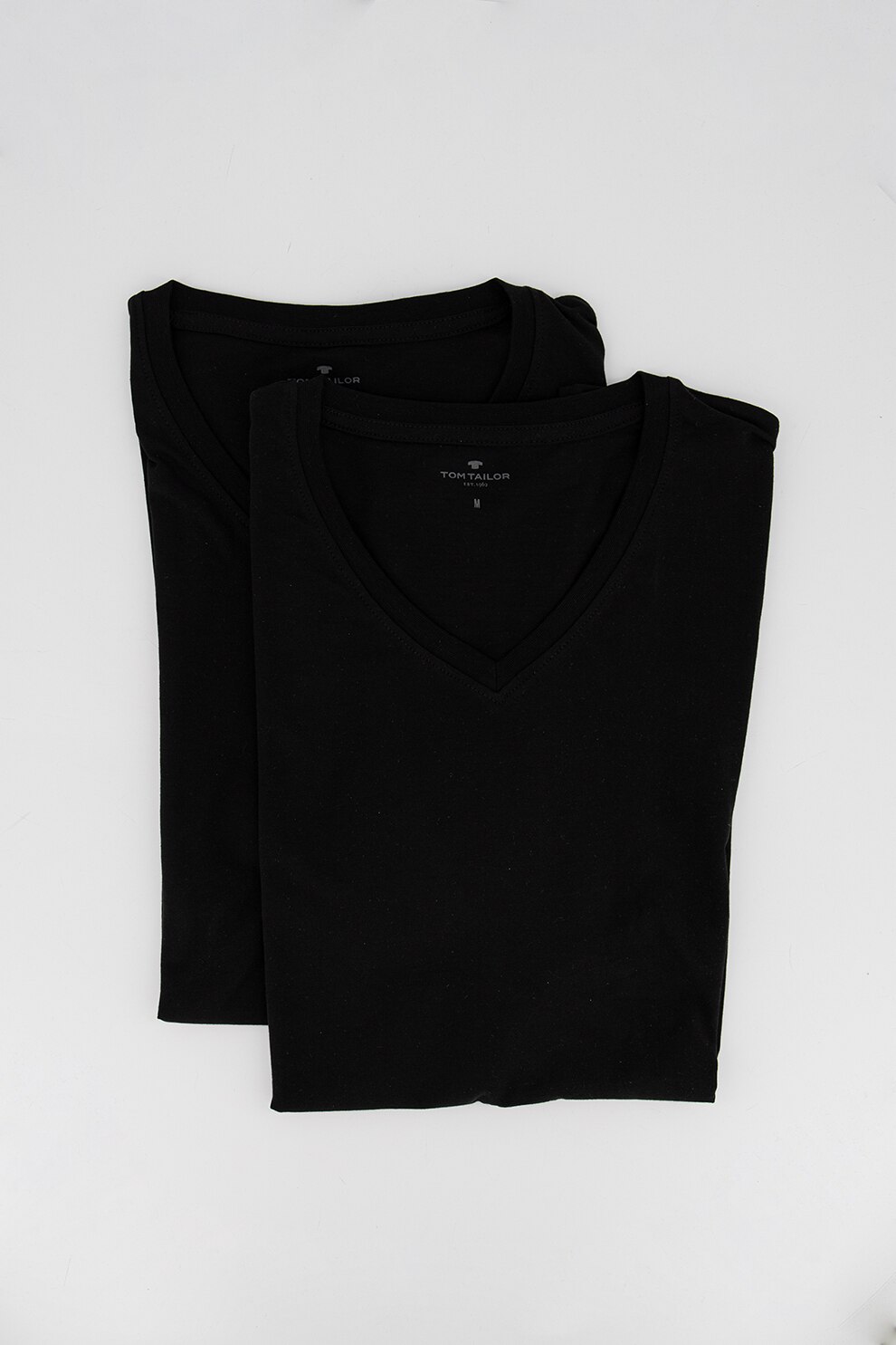 Tom Tailor, Set de tricouri de bumbac cu decolteu in V - 2 piese, Negru