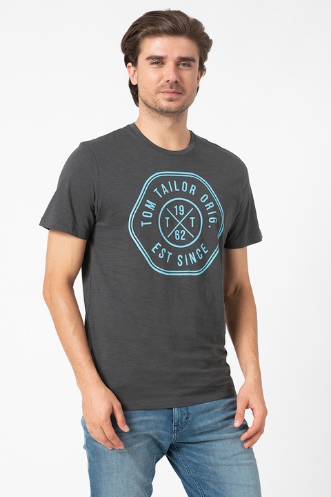 Tom Tailor, Logómintás pamutpóló, Sötétszürke, L