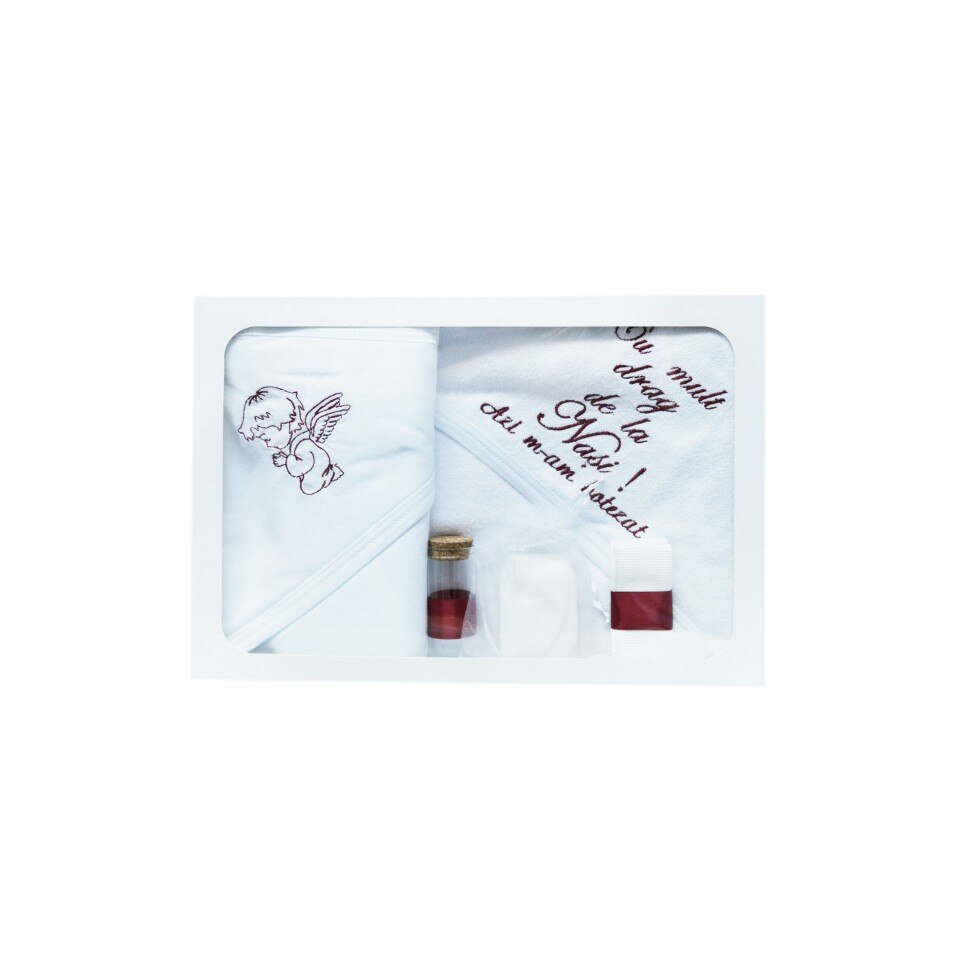 Trusou brodat pentru botez, 6 piese, alb-grena, dae6901