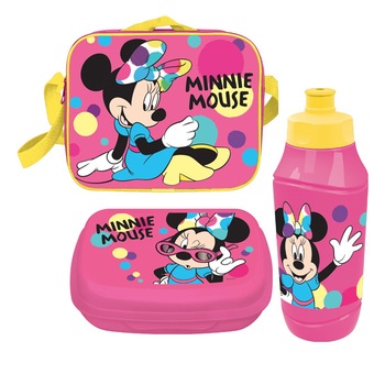 Set Disney, Minnie, geanta, bidon, cutie sandwich, 7x13x23cm Set Disney, Minnie, geanta, bidon, cutie sandwich, 7x13x23cm