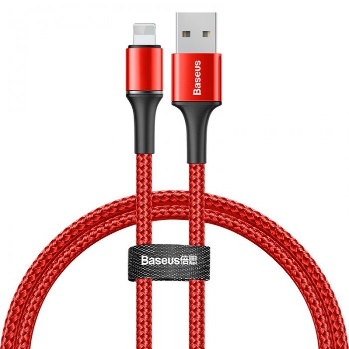 Cablu de date/incarcare Baseus, Halo Durable Nylon Braided, Lightning 50 cm, 2.4 A, Rosu