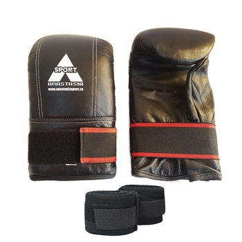 Manusi pentru sac / kick-box Anastasia Sport, piele naturala, marime XL, negre, bandaje incluse Manusi pentru sac / kick-box Anastasia Sport, piele naturala, marime XL, negre, bandaje incluse