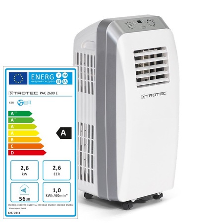 Aer conditionat portabil Trotec PAC 2600E, Capacitate racire 9000btu, Debit de aer 230mc/ora, Timer,Telecomanda cu IR, Clasa energetica A, Directia suflantei reglabila, Recomandat pentru 32mp