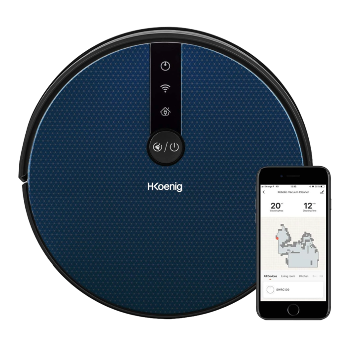 Aspirator robot Vacuum Cleaner H.Koenig, SWRC120, cu tehnologie Watermop, WiFi, app control, autonomie 100 min, perie dubla, detectare obstacole, ajustare putere aspirare in functie de suprafata, programabil, bumper, panou de control senzor touch, negru