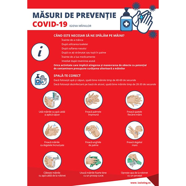 Indicatoare, masuri de preventie Covid-19, igiena mainilor, A4, autocolant, pachet 5 buc
