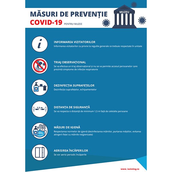 Indicatoare, masuri de preventie Covid-19, pentru muzee, A4, autocolant, pachet 5 buc