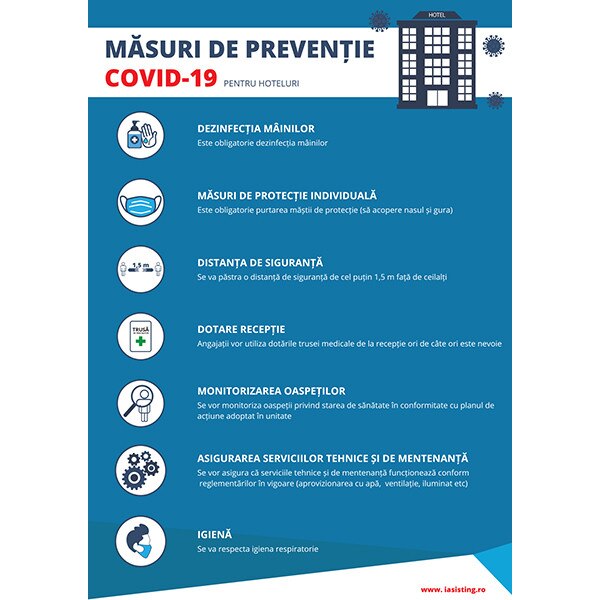 Indicatoare, masuri de preventie Covid-19, pentru hoteluri, A4, autocolant, pachet 5 buc