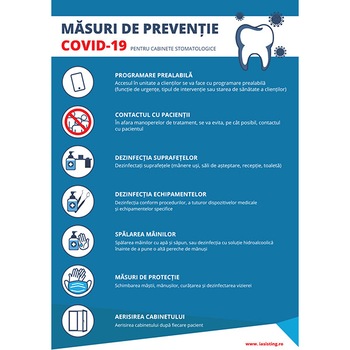 Indicatoare, masuri cabinete stomatologice, preventie Covid-19, A4, autocolant, pachet 5 buc Indicatoare, masuri cabinete stomatologice, preventie Covid-19, A4, autocolant, pachet 5 buc