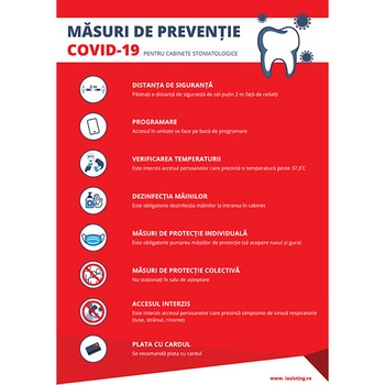 Indicatoare, masuri de preventie Covid-19, pentru cabinete stomatologice, A4, autocolant, pachet 5 buc Indicatoare, masuri de preventie Covid-19, pentru cabinete stomatologice, A4, autocolant, pachet 5 buc