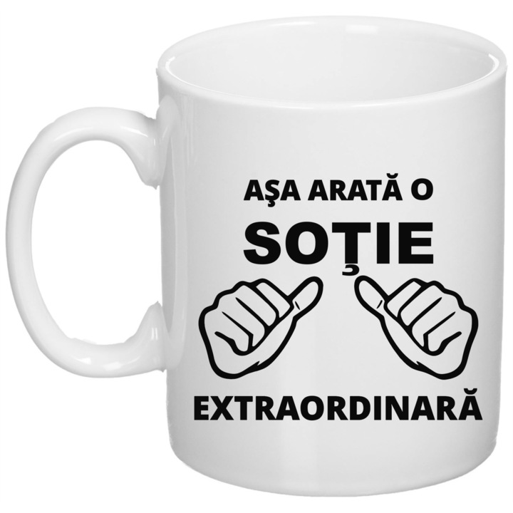 Cana personalizata cu mesaj "Asa arata o sotie extraordinara", Giftoro, ceramica, alb, 330ml