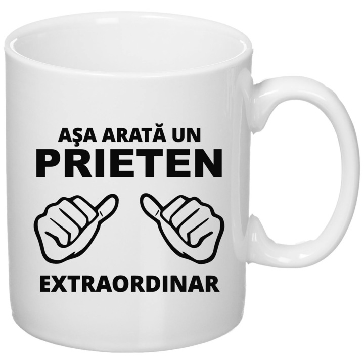 Cana personalizata cu mesaj "Asa arata un prieten extraordinar", Giftoro, ceramica, alb, 330ml