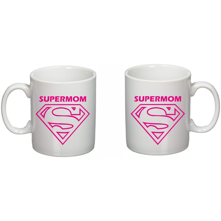 Cana personalizata "SuperMom logo roz'", Giftoro, Alba, 330ml