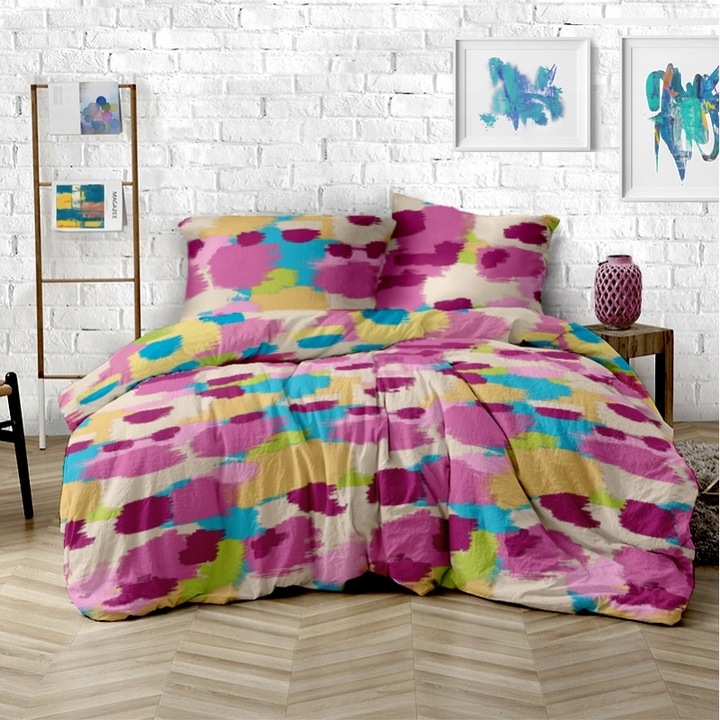 Lenjerie de pat Dormisete Brush v.1 180x215 / 50x70, bumbac 100%, pentru pat 2 persoane, cearceaf uni color crem, 4 piese