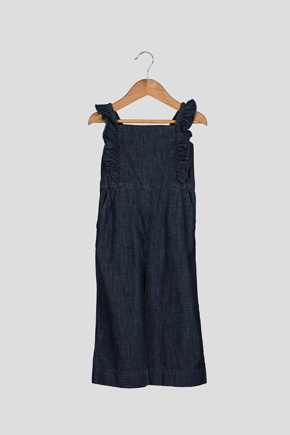 GAP, Salopata din chambray cu bretele cu volane, Bleumarin inchis