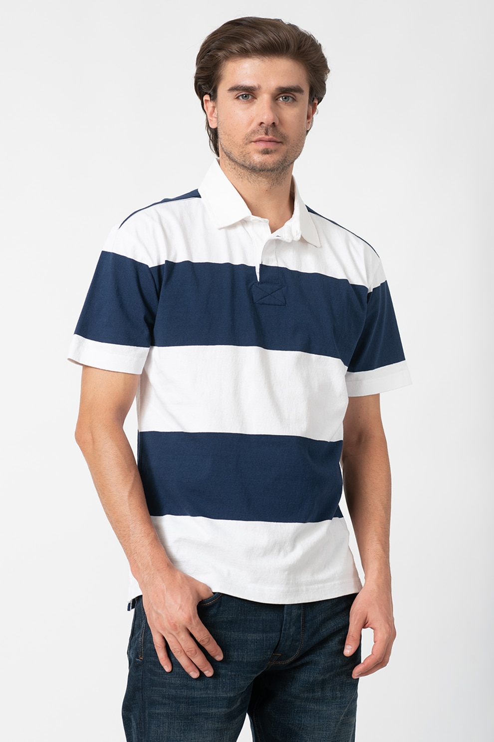 GAP, Tricou polo cu model in dungi, Bleumarin/Alb, S