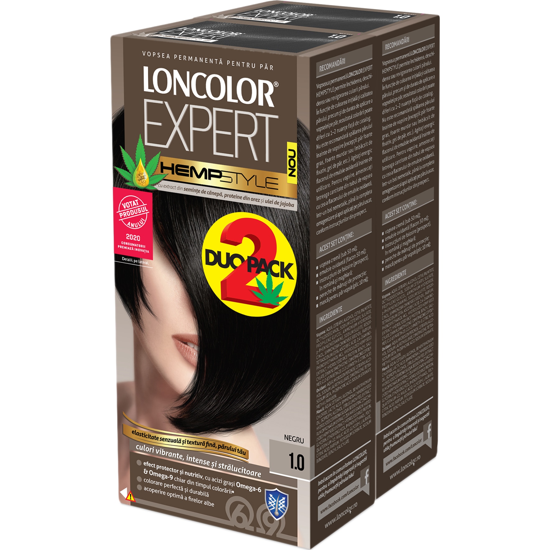 Pachet promo: 2 x Vopsea de par permanenta Loncolor Expert Hempstyle 1.0 Negru, 200 ml